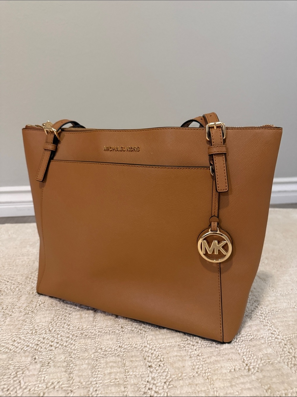 Michael Kors Tan Saffiano Leather Tote with Gold MK Charm